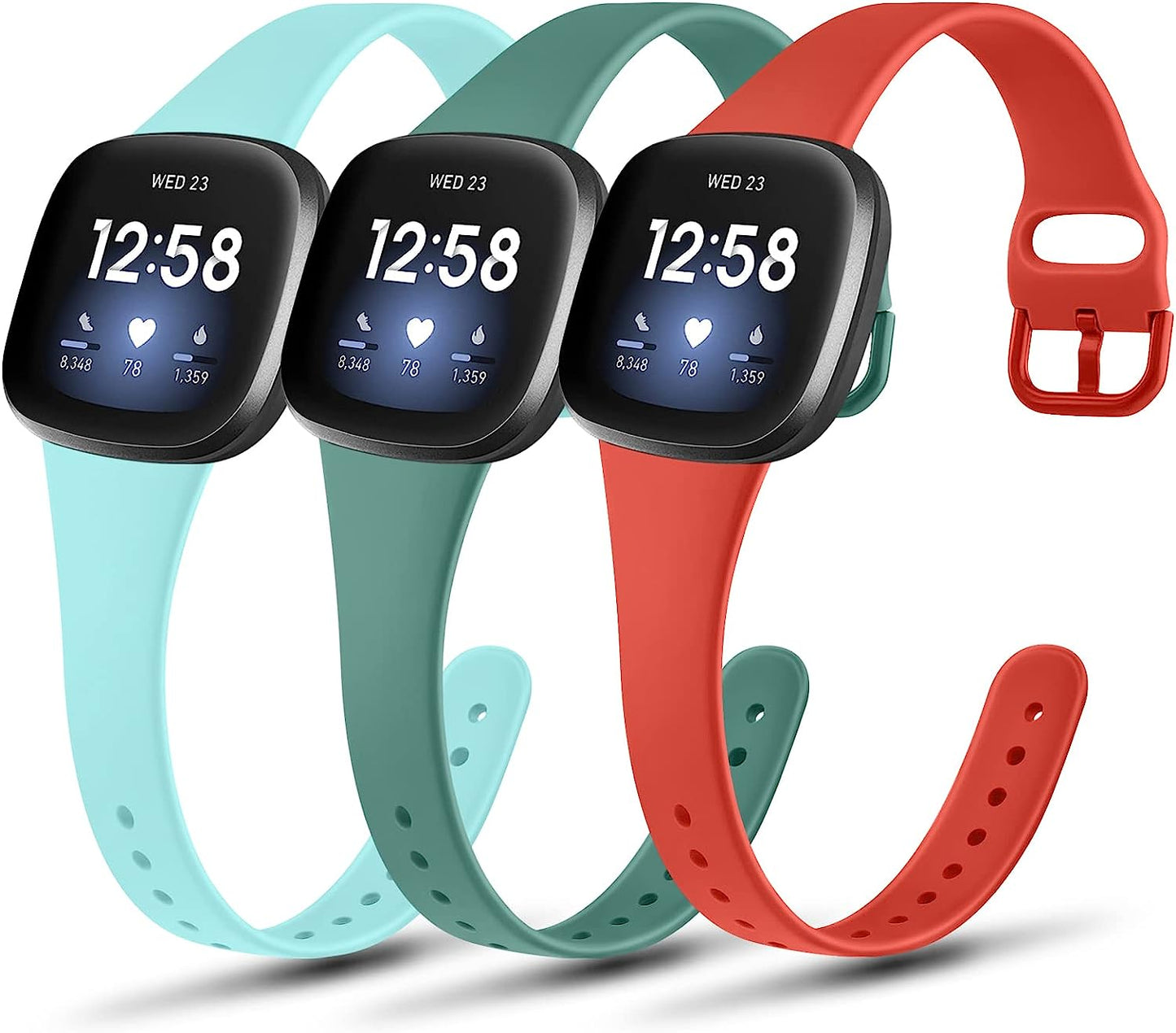 3 Pack Slim Soft Silicone Bands Compatible with Fitbit Versa 4 & Versa 3 Bands and Fitbit Sense 2 & Sense Bands for Women Men, Sports Wristbands Replacement Straps for Fitbit Versa 4 & 3 / Fitbit Sense 2 & Sense Smart Watch  AK Light Blue/Pine Green/Red  