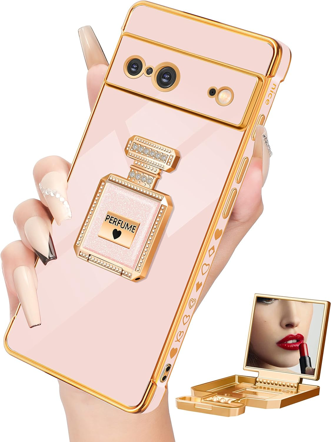 Buleens for Pixel 6 Pro Case with Metal Perfume Bottle Mirror Stand,Cute Women Girly Heart Cases for Google Pixel 6 Pro Case, Elegant Luxury Phone Cover for Pixel 6 Pro Phone Case 6.7''Sierra Blue  Buleens Pink For Google Pixel 7 