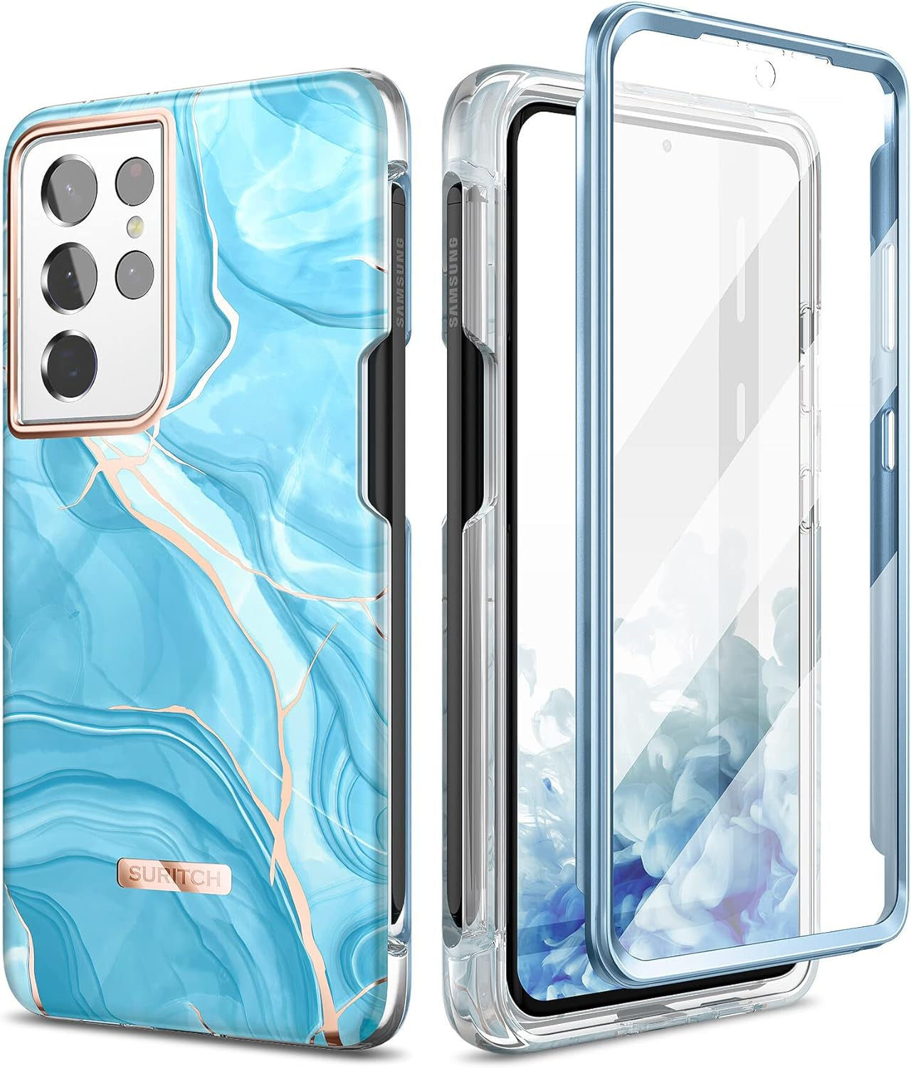 SURITCH Phone Case for Samsung Galaxy S21 Ultra with S-Pen Holder Front Cover Built-In Screen Protector Upgraded Dual-Layer Full Body Protection Anti-Scratch Shockproof for Woman Man, Purple Marble  SURITCH Blue Marble  