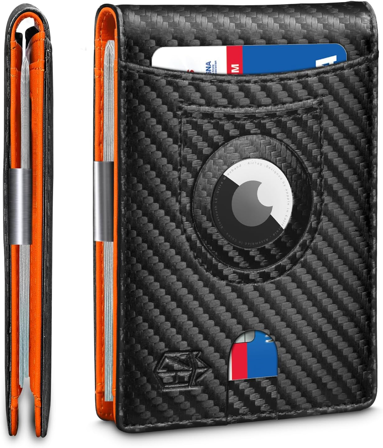 Zitahli Airtag-Wallet-Mens-Slim-Rfid Blocking Wallet Leather with Money Clip Air Tag Wallet Card Holder Bifold Gifts for Men  Zitahli Carbon Black And Orange  
