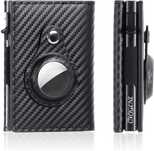 CHJGLNL Genuine Leather Slim Wallet for Men with Airtag Holder, RFID Blocking Money Credit Card Holder Minimalist Smart Wallet Ideal for Men'S Gift (Carbon Fiber Black)  CHJGLNL   