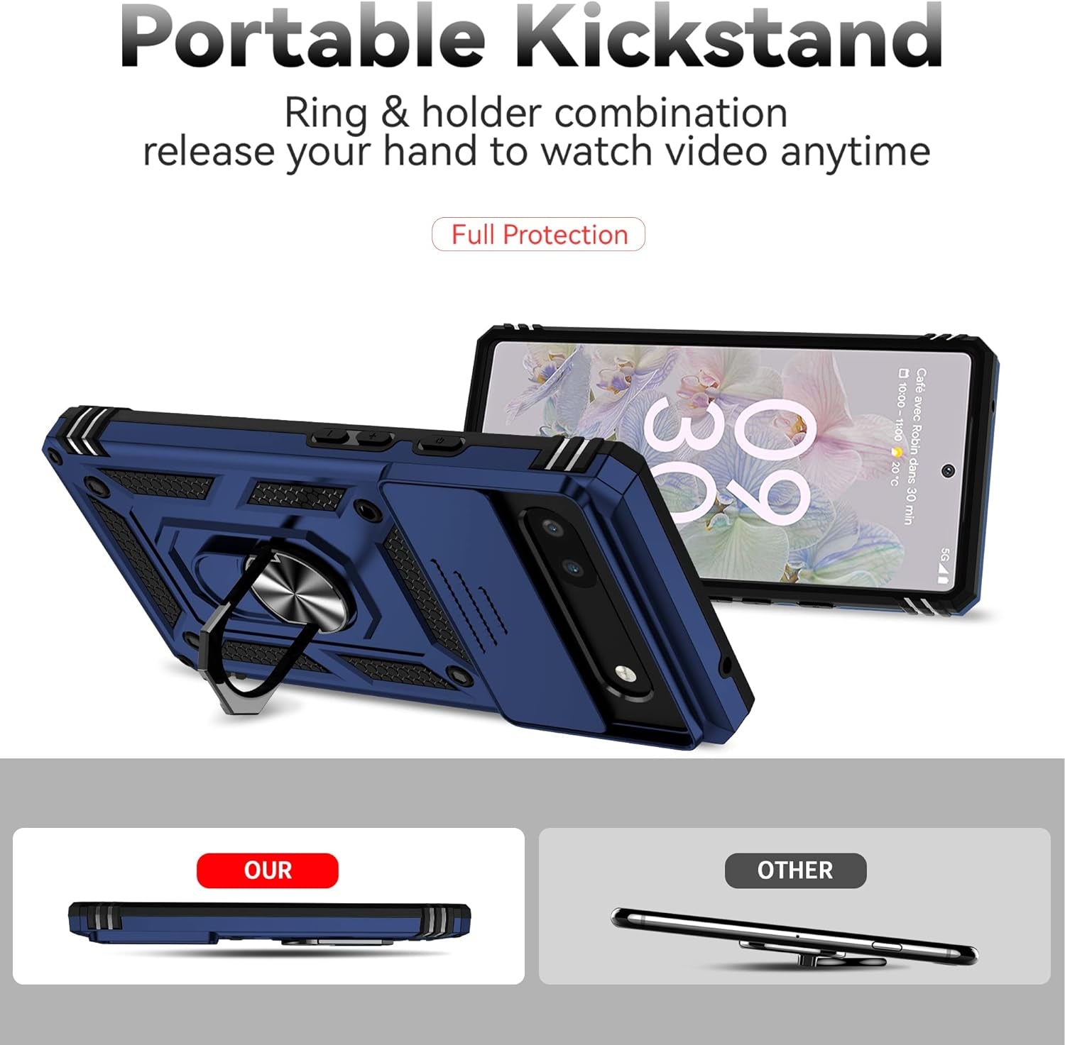 For Pixel 6A Case,Google Pixel 6A Phone Case,With Screen Protectors and Camera Cover,[Military Grade] 16Ft.Drop Tested Cover with Magnetic Kickstand Protective Case for Google Pixel 6A, Blue  SKTGSLAMY   