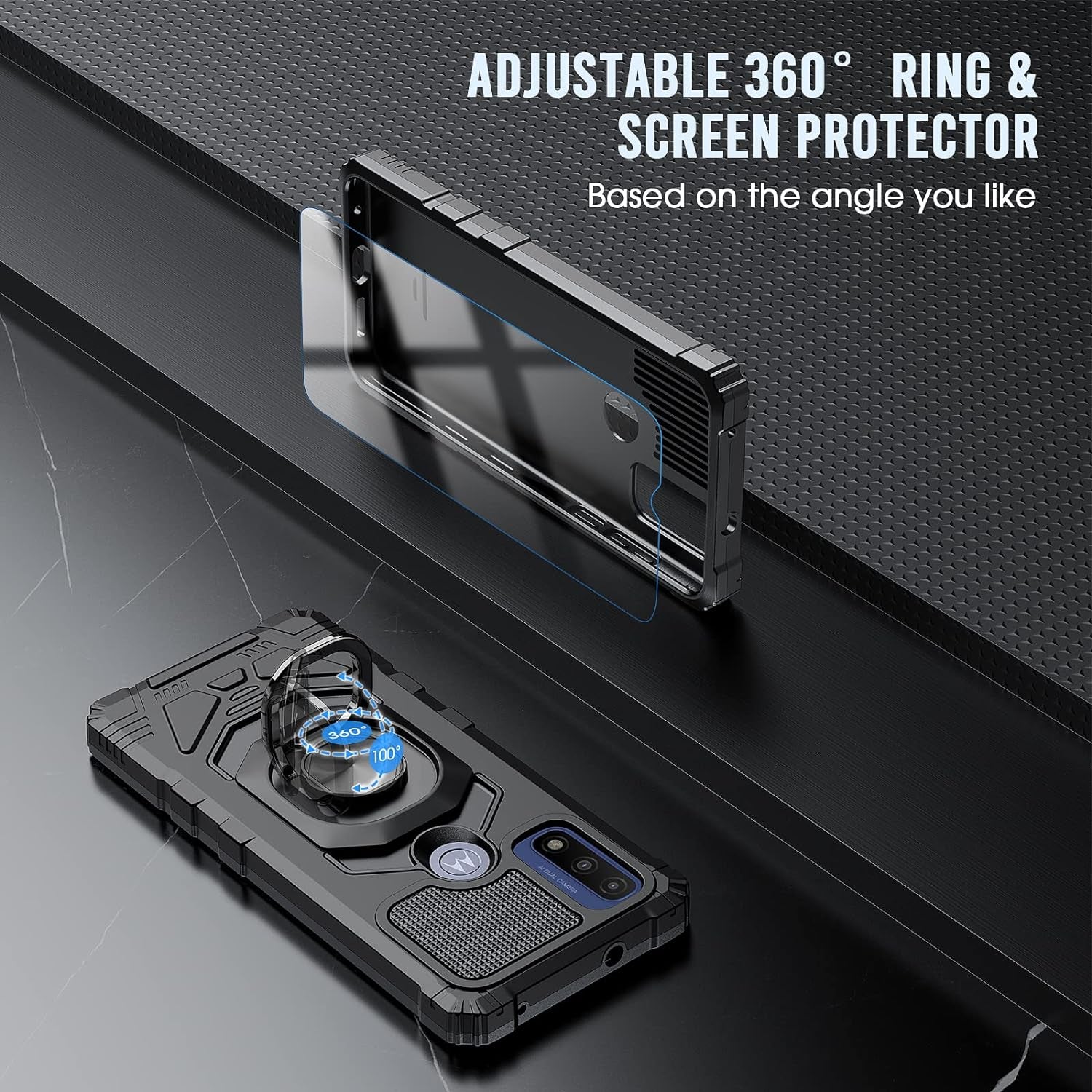 For Motorola Moto-G Pure Case: with Tempered Screen Protector & Built in 360° Adjustable Ring Kickstand Shockproof Protection TPU Bumper Armor Design Phone Cover for Moto G Pure - Black  TUNKARMOR   