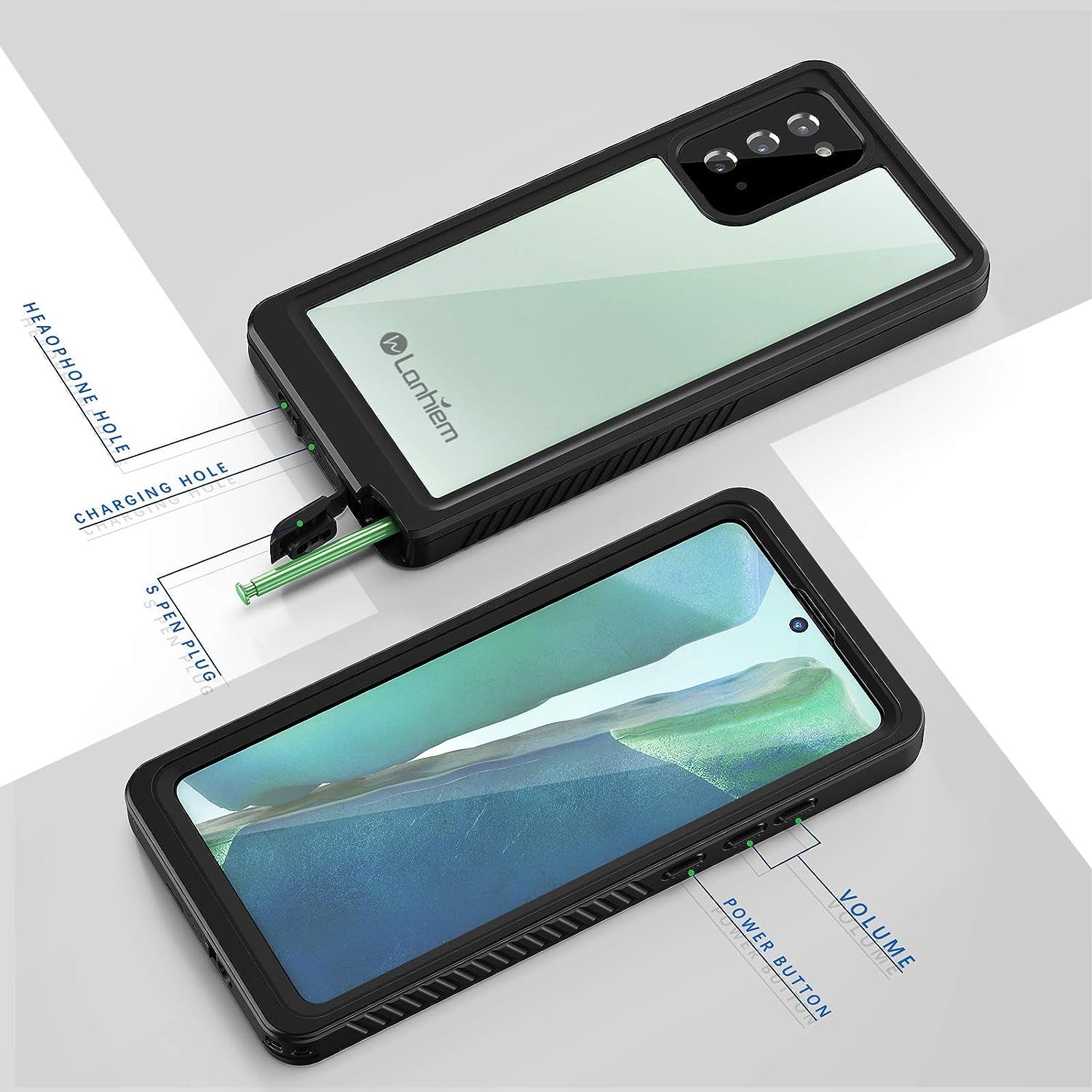 Lanhiem Galaxy Note 20 Case, Built-In Screen Protector with Fingerprint Film Waterproof Dustproof Case, Full Body Heavy Duty Protective Cover for Samsung Galaxy Note 20 6.7 Inch (Black/Clear)  Lanhiem   