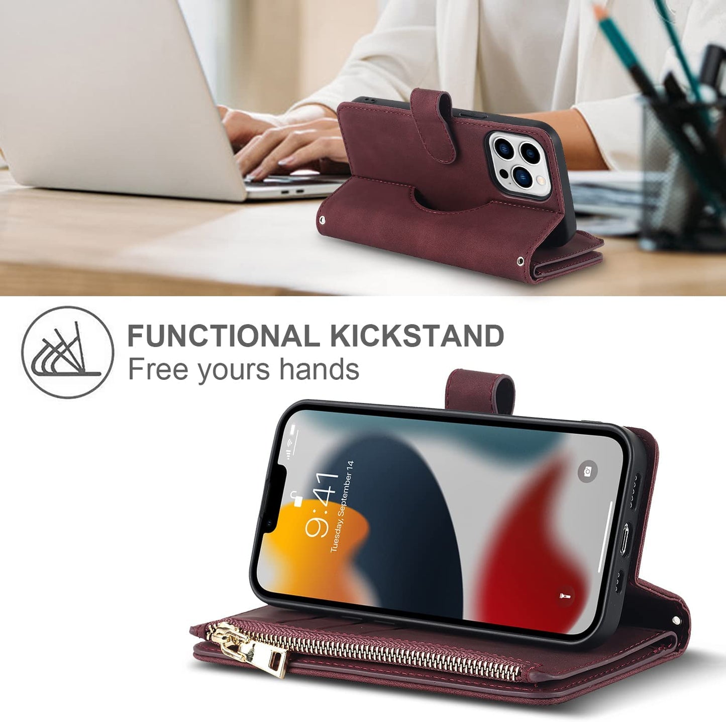 Ｈａｖａｙａ Iphone 13 Pro Max Case Wallet Magsafe Compatible,Iphone 13 Pro Max Phone Case with Card Holder,Flip Magnetic Zipper Magnetica Wallet Cover for Women Men -Wine Red  Ｈａｖａｙａ   