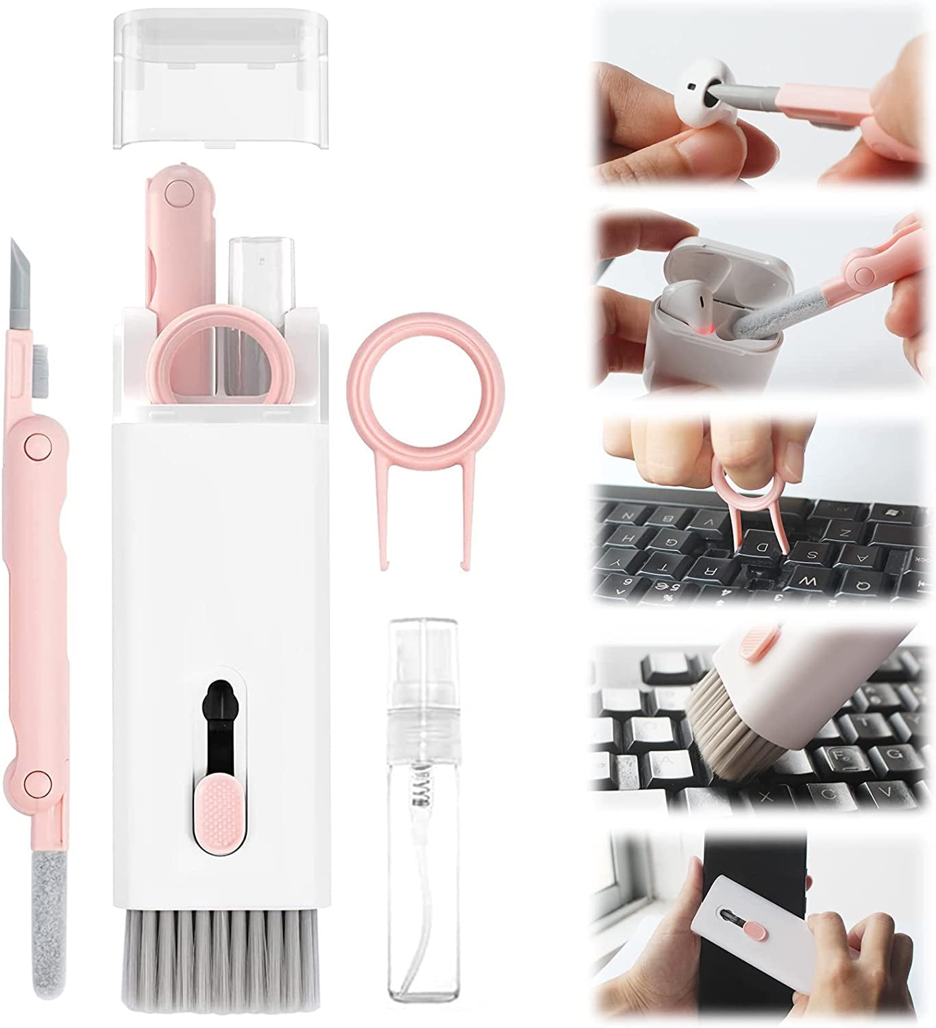 7-In-1 Electronics Cleaner Kit for Laptop Keyboard Airpods Pro Macbook Earbuds, Multi-Function Cleaning Kit for Keyboard Laptop Phone Macbook Computer PC Ear Bud Tablet Earphones Ipod Iphone - Black  zaiwan Pink  