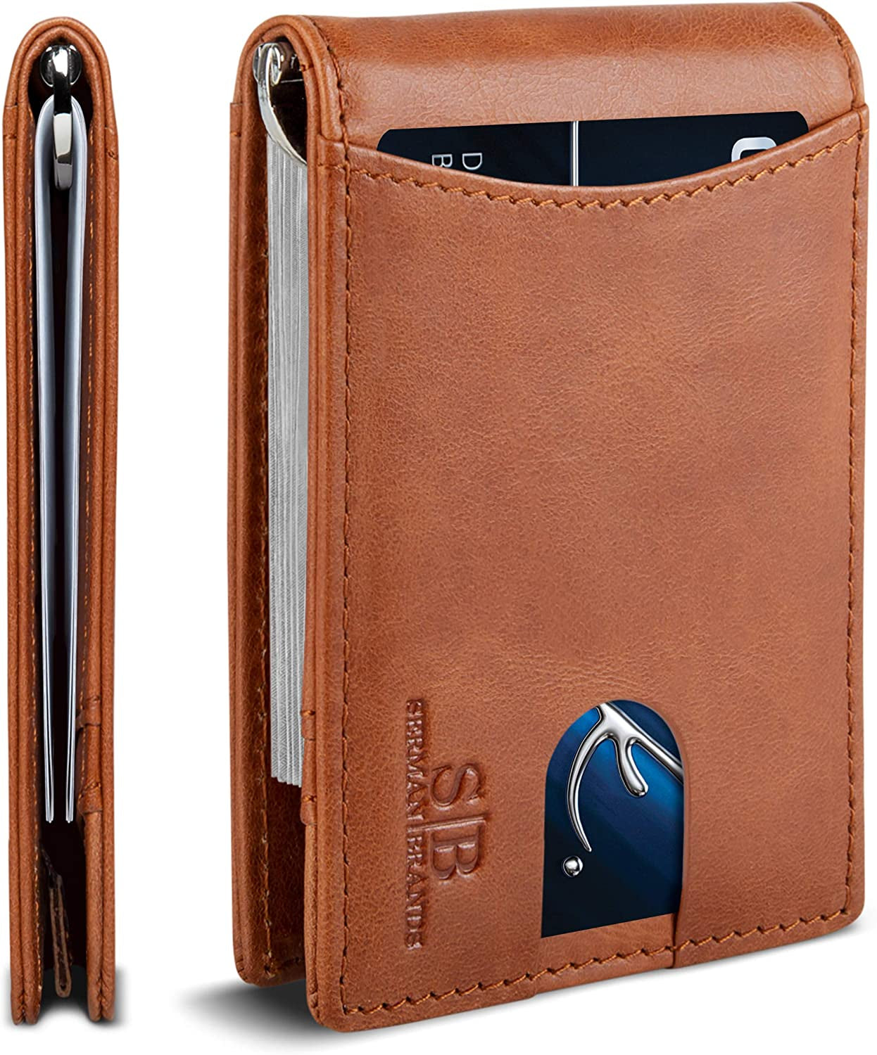 SERMAN BRANDS RFID Blocking Slim Bifold Genuine Leather Minimalist Front Pocket Wallets for Men with Money Clip Thin Gift  SERMAN BRANDS Dark Caramel 1.s  