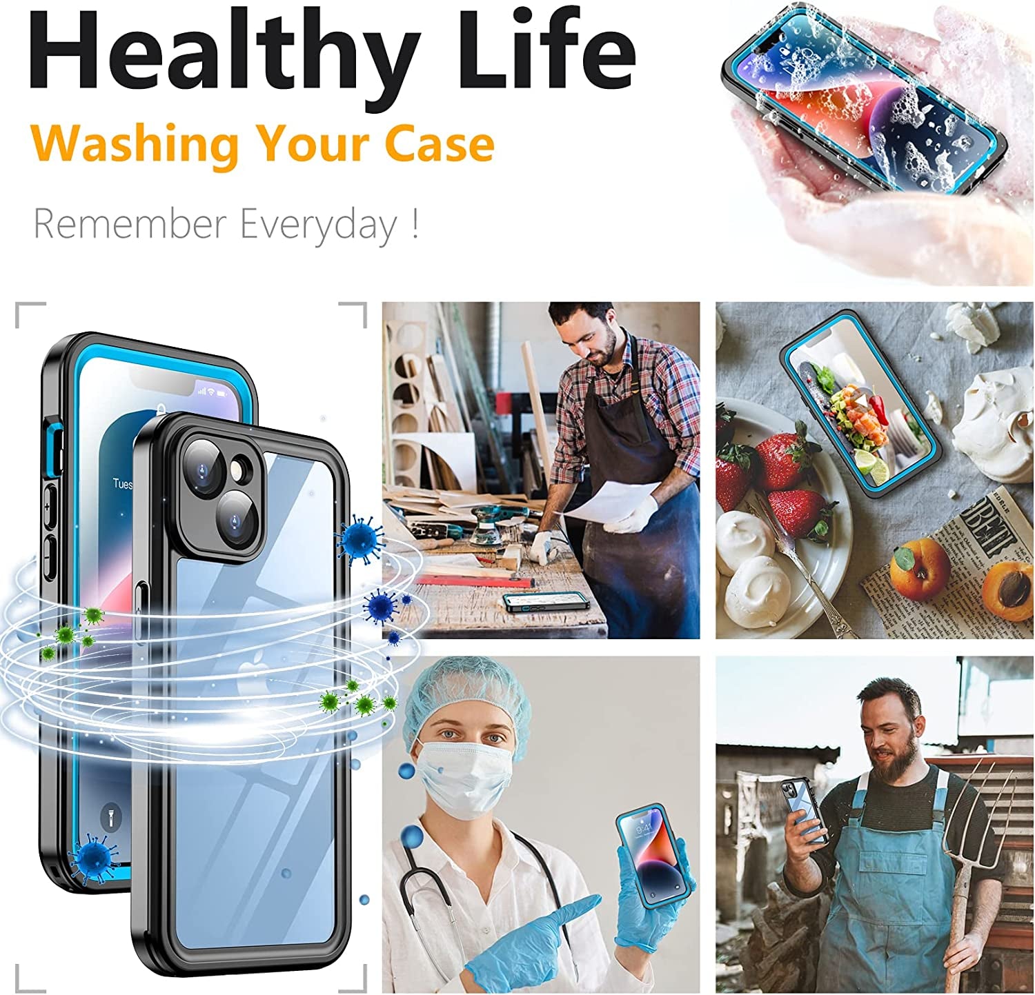 Temdan for Iphone 14 Case Waterproof,Built-In 9H Tempered Glass Screen Protector [IP68 Underwater][14Ft Military Dropproof][Dustproof][Real 360] Full Body Shockproof Protective Case-Blue-Clear  Temdan   