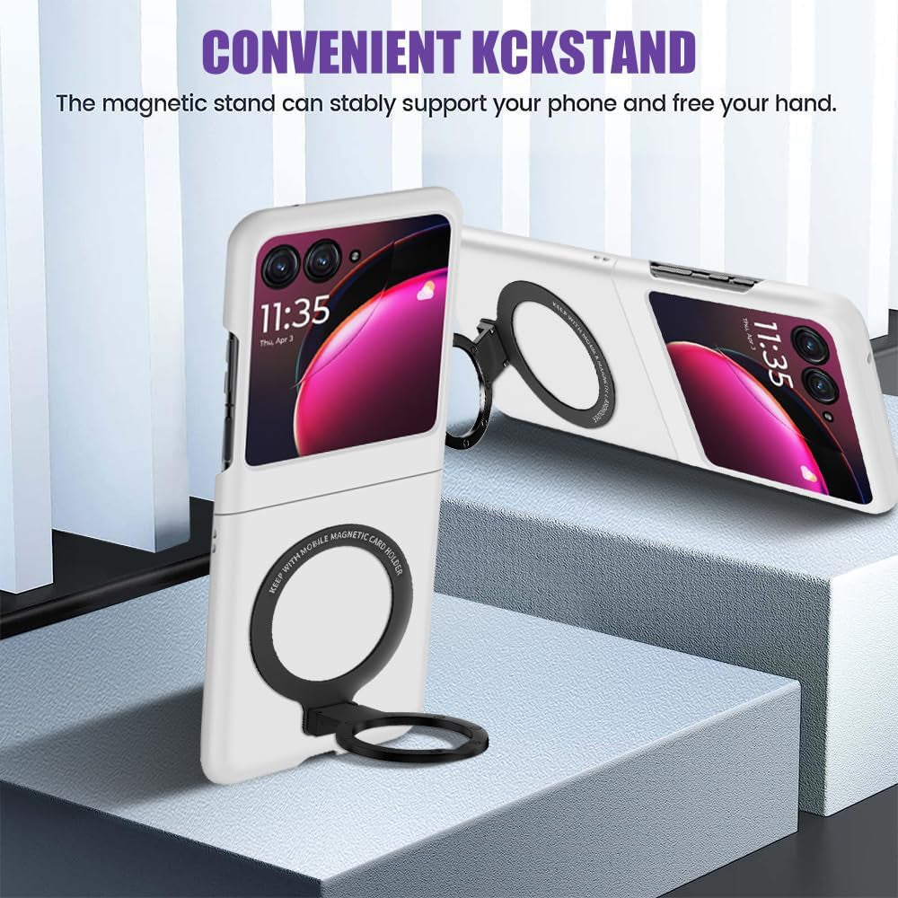 Case for Moto Razr plus 2023 Magnetic Phone Case,Ring Holder Kickstand Wireless Charging Hard PC Shockproof Protective Matte Cover Stand Case for Motorola Razr+ 2023 5G - White  pusiikeer   