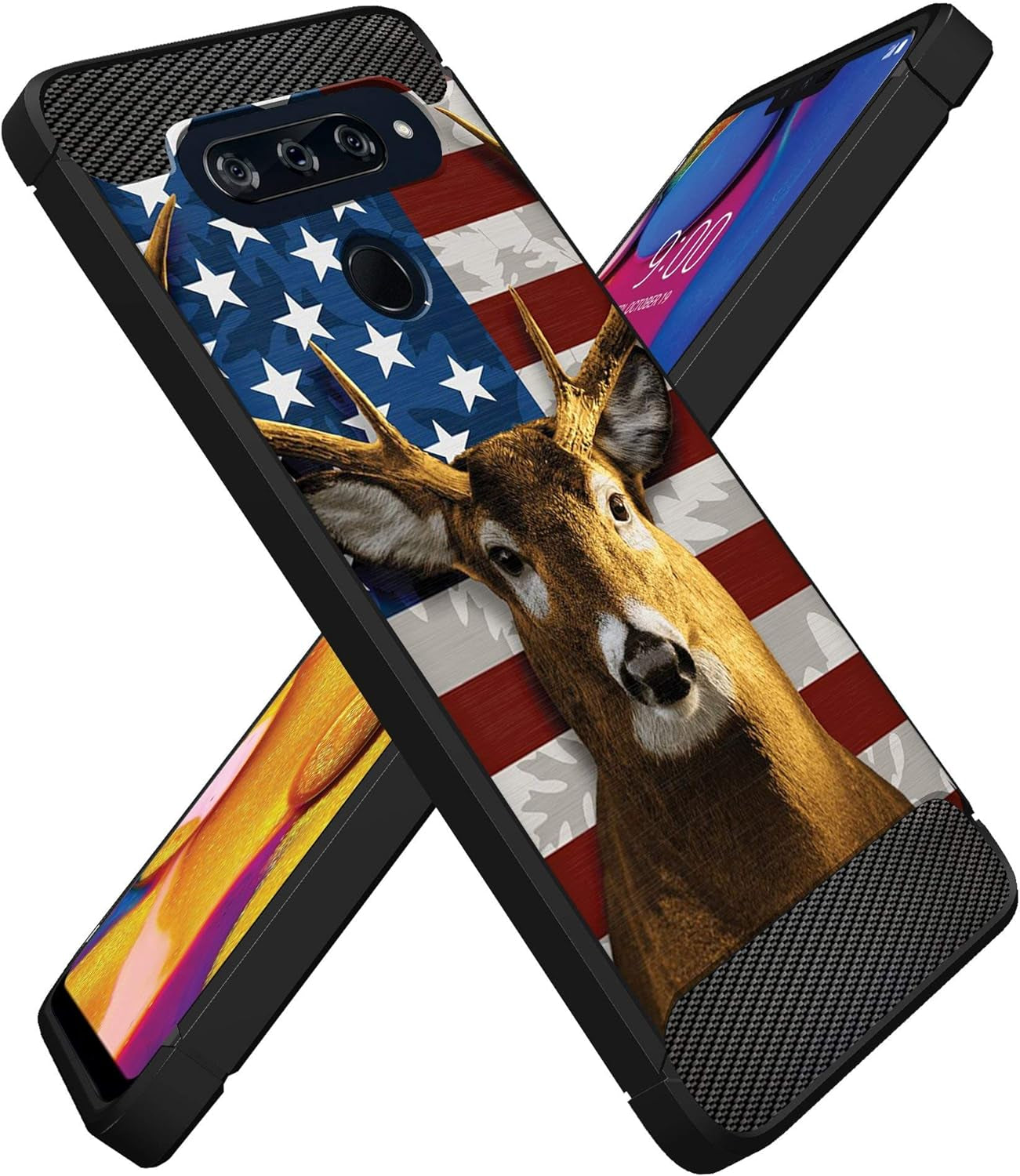 Casesondeck Flag Case Compatible with [LG G8 Thinq] Hunters Series Slim No Bulk Carbon Fiber Texture Black Flexible TPU Material (Deer Flag)  CasesonDeck   