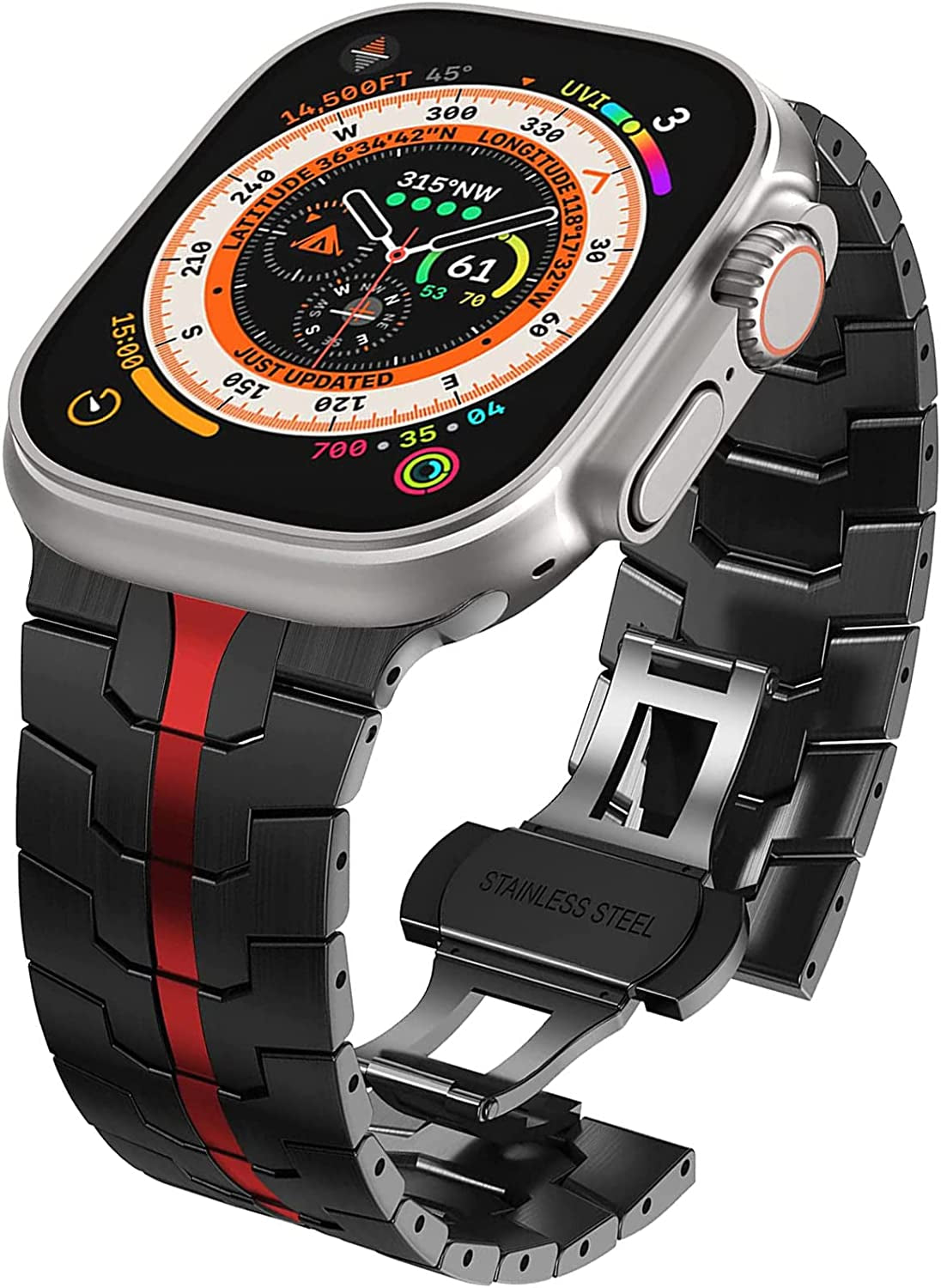 WINGLE Compatible for Apple Watch Ultra Band 49Mm 44Mm 45Mm 42Mm Series 8 7 Men, Stainless Steel Band Metal Strap Wristband for Apple Watch Iwatch Ultra SE 6 5 4 3 2 1 Link Women, Titanium  WINGLE Iron-Black/Red Ultra 49mm/45mm/44mm/42mm 