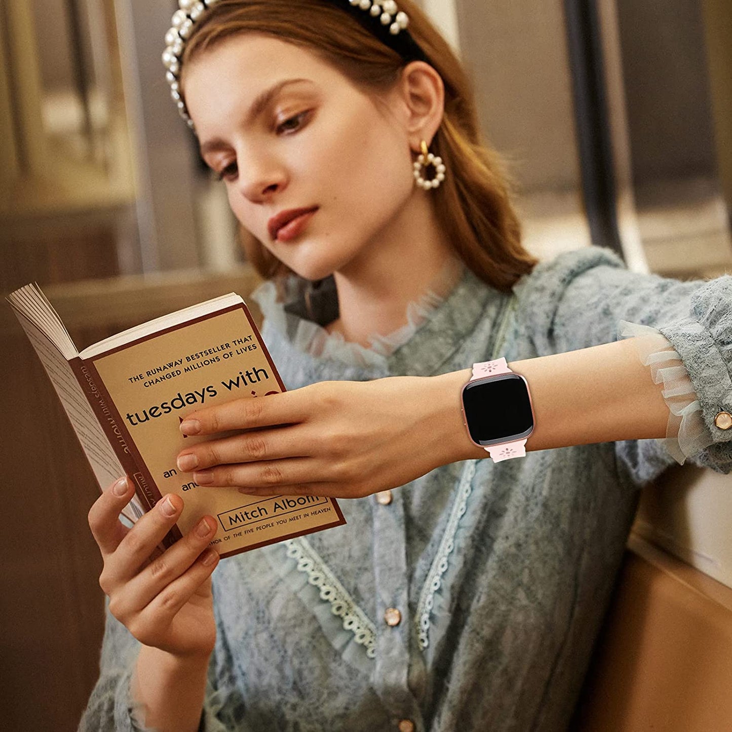 YAXIN 3 Pack Slim Sport Bands Compatible with Fitbit Versa/ Versa 2/ Versa Lite Band for Women,Soft Silicone Lace Replacement Wristbands for Smart Watch,Black/White/Pink Sand  YAXIN   