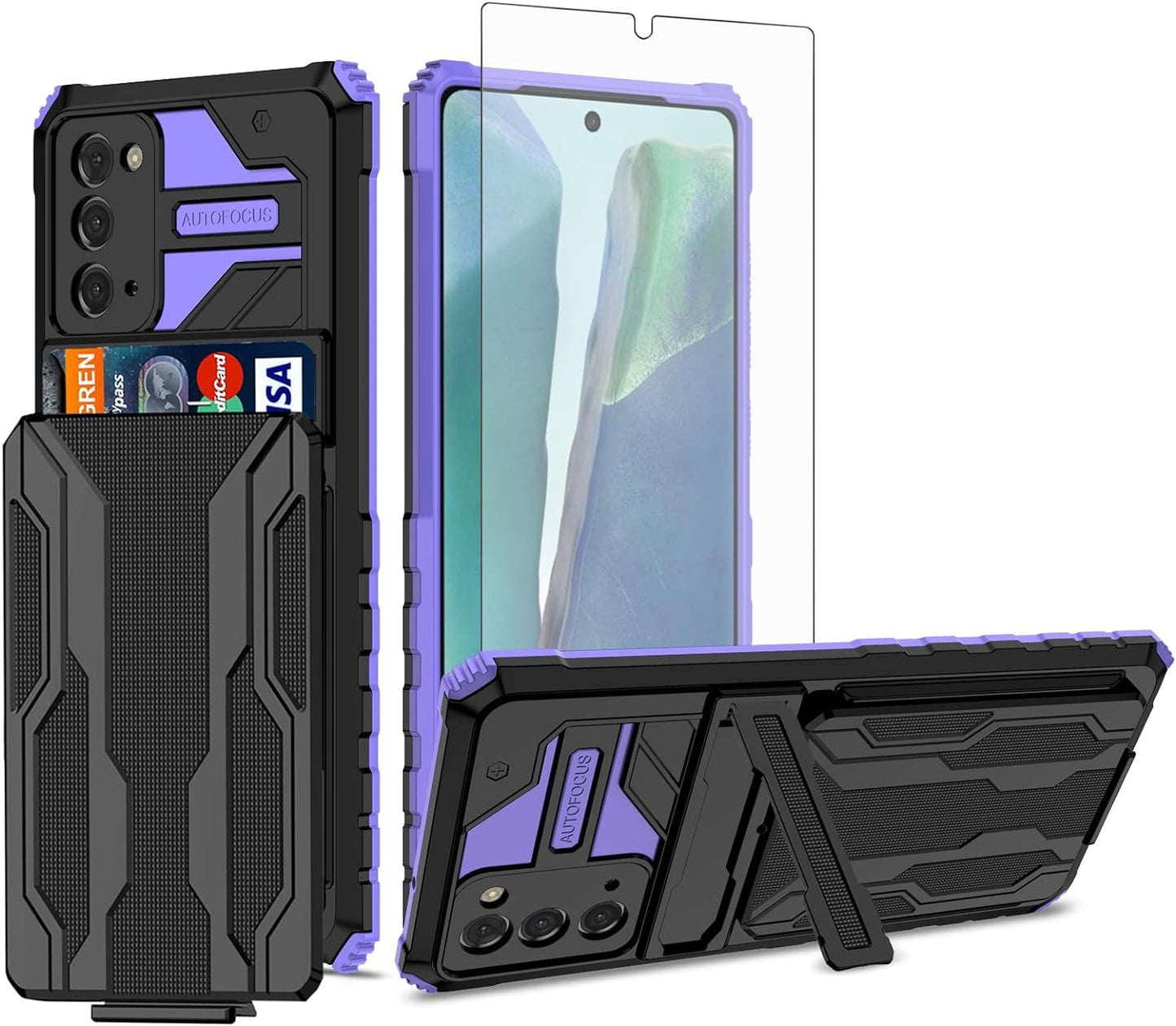 Asuwish Phone Case for Samsung Galaxy Note 20 Glaxay Note20 5G with Tempered Glass Screen Protector Cover and Credit Card Holder Stand Cell Accessories Gaxaly Notes 20S Twenty Not S20 Women Men Purple  Asuwish   