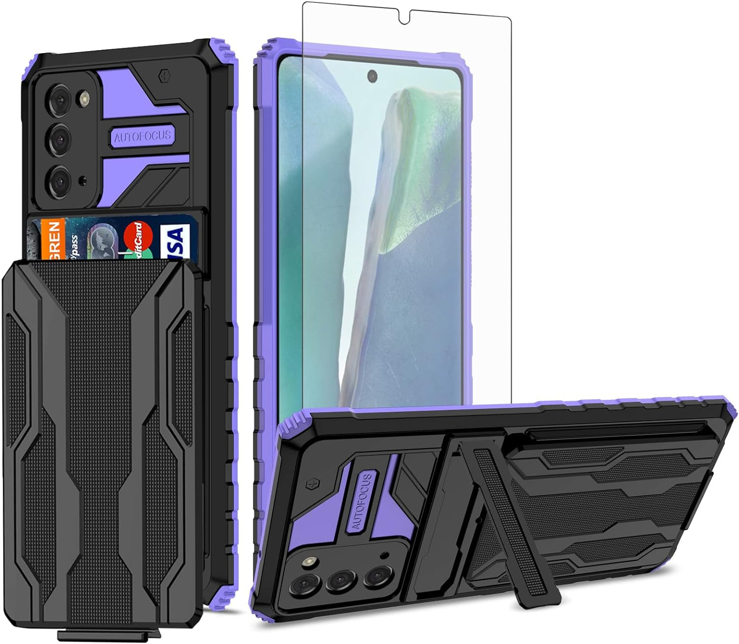 Asuwish Phone Case for Samsung Galaxy Note 20 Glaxay Note20 5G with Tempered Glass Screen Protector Cover and Credit Card Holder Stand Cell Accessories Gaxaly Notes 20S Twenty Not S20 Women Men Purple  Asuwish   