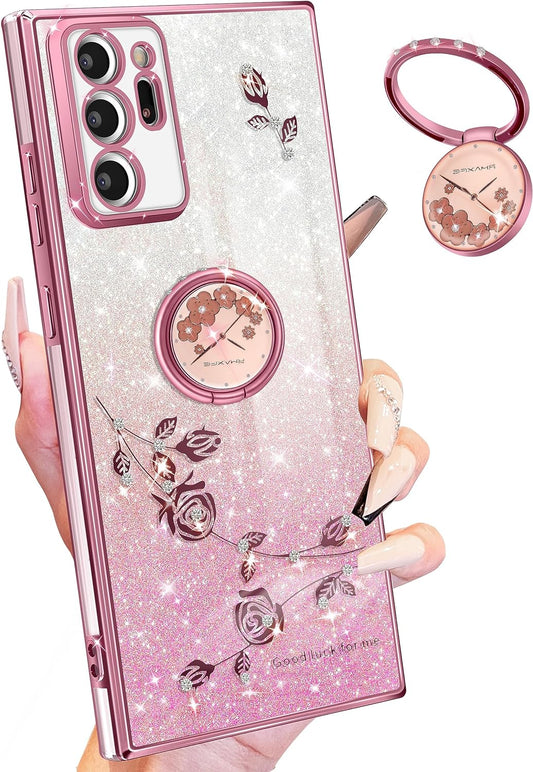 Coralogo (3In1 for Samsung Galaxy Note 20 Ultra Case Glitter Sparkly for Women Girls Bling Shiny Phone Cover Cute Flowers Floral Unique Design with Ring Pretty Cases for Galaxy Note 20 Ultra 5G 6.9''  Coralogo   