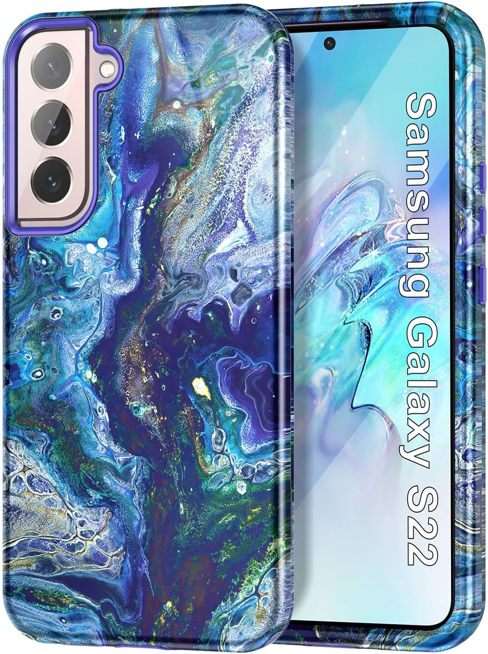 Btscase for Samsung Galaxy S22 5G Case,Marble Pattern 3 in 1 Heavy Duty Shockproof Full Body Rugged Hard Pc+Soft Silicone Drop Protective Women Girl Cover for Samsung Galaxy S22,Dreamland River/Purple  Btscase Blue Purple  