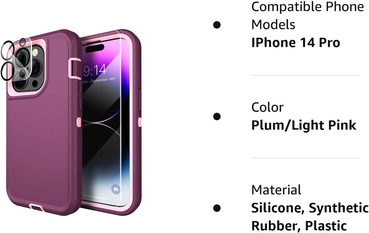 MXX Iphone 14 Pro Heavy Duty Case, 3-Layer Full Body Protection, Tempered Glass and Camera Lens Protector (Plum/Light Pink)  MXx Accessories LLC   