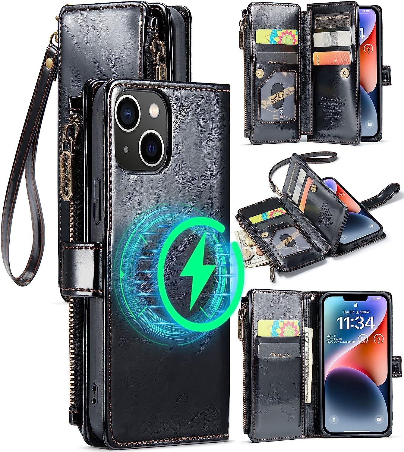 FLIPALM Wallet Case for Iphone 14 Pro(6.1") Flip Case,Compatible with Magsafe Charger,Pu Leather Zipper Protective Lanyard Strap Wristlet Case with Magnetic Closure and Card Holder Luxury Coffee  FLIPALM Luxury Black iPhone 14 