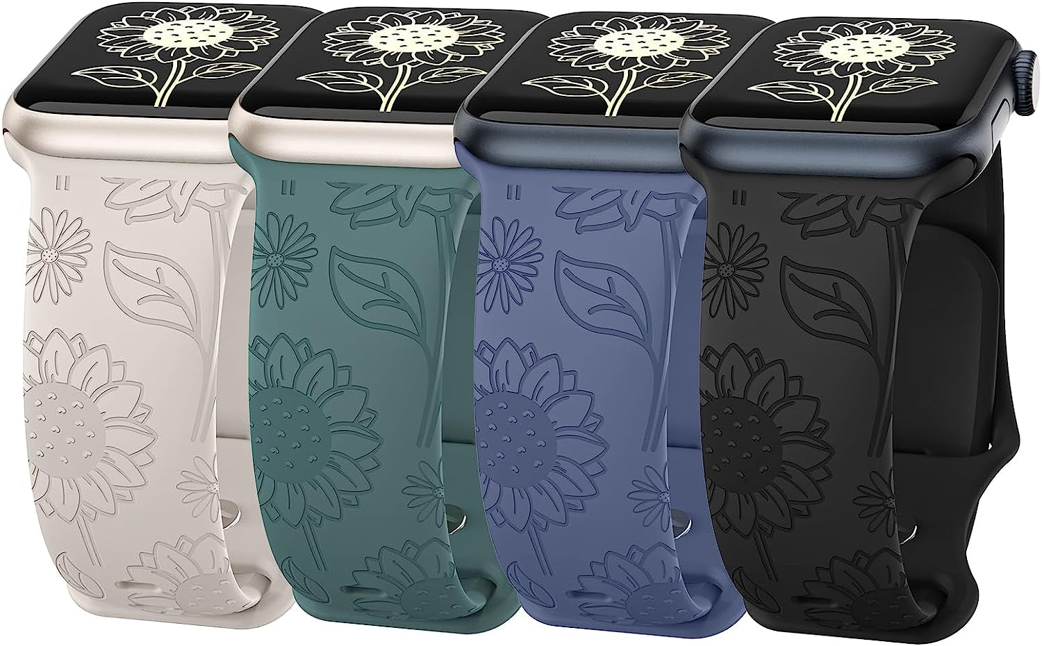 Astorgos 4 Pack Watch Band Compatible with Apple Watch Band 38Mm 40Mm 41Mm, Apple Watch SE, SE2 Series 8/7/6/5/4/3/2/1, Engraved Sport Silicone Strap Replacement Wristband  Astorgos Multi Color B Sunflower 