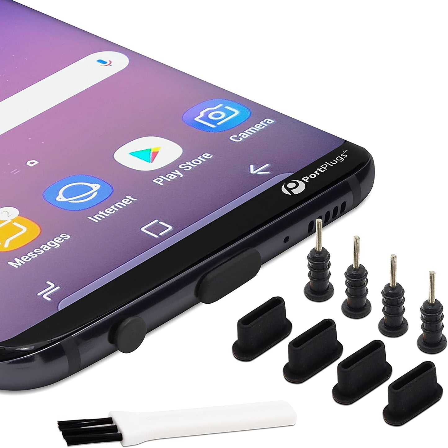 Portplugs USB C Dust Plug Set (5 Pairs) Compatible with Samsung Galaxy, Note, Pixel, Android Cell Phones, Macbook & More, Type-C Covers W/Headphone Plugs and Cleaning Brush (Black)  PortPlugs   