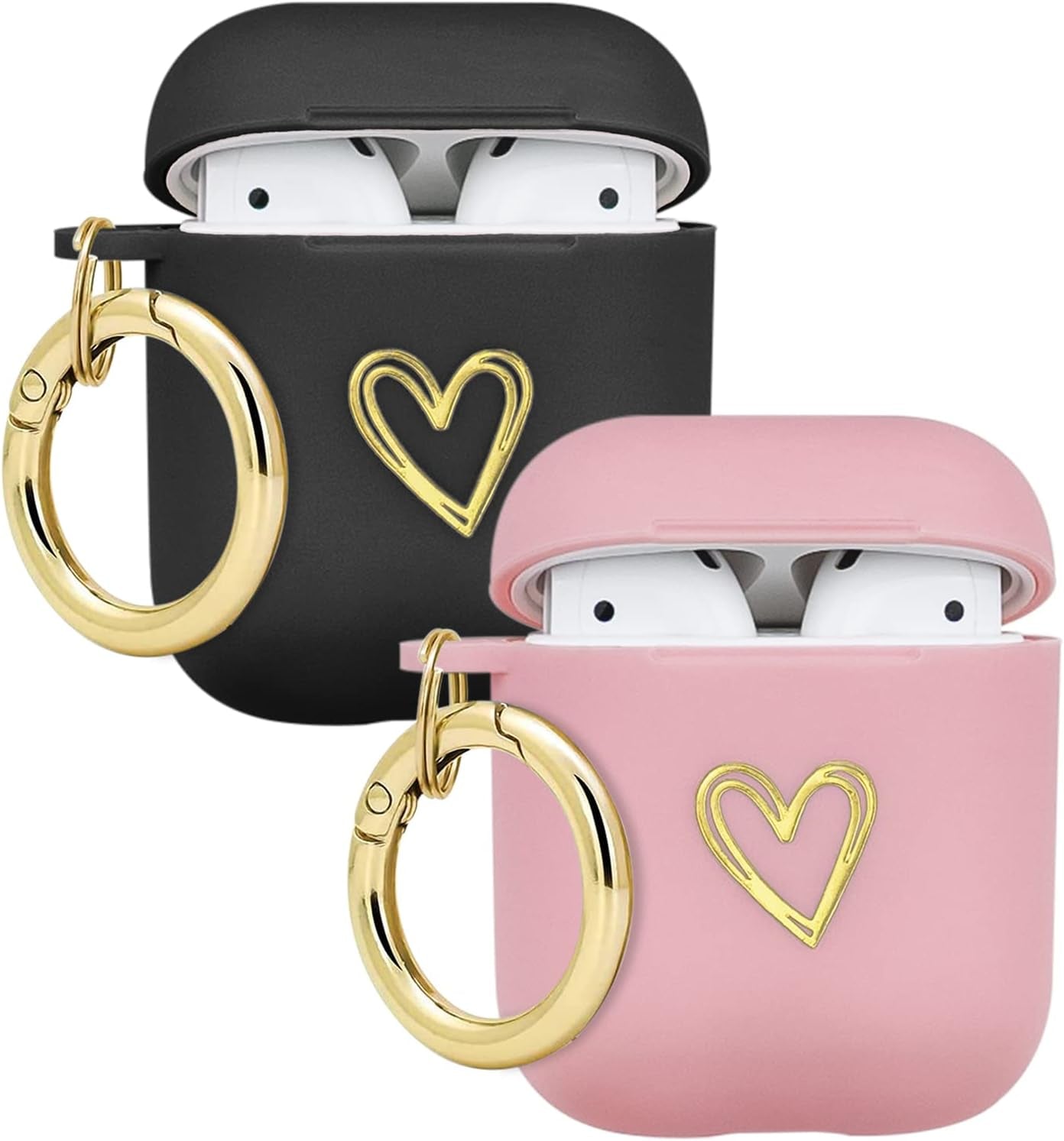 Wonjury Airpods Case Cute Soft TPU Gold Heart Pattern with Keychain Shockproof Cover Case for Girls Woman Apple Airpods 2 &1 - Pink  Wonjury 2Pack (Black+Pink)  