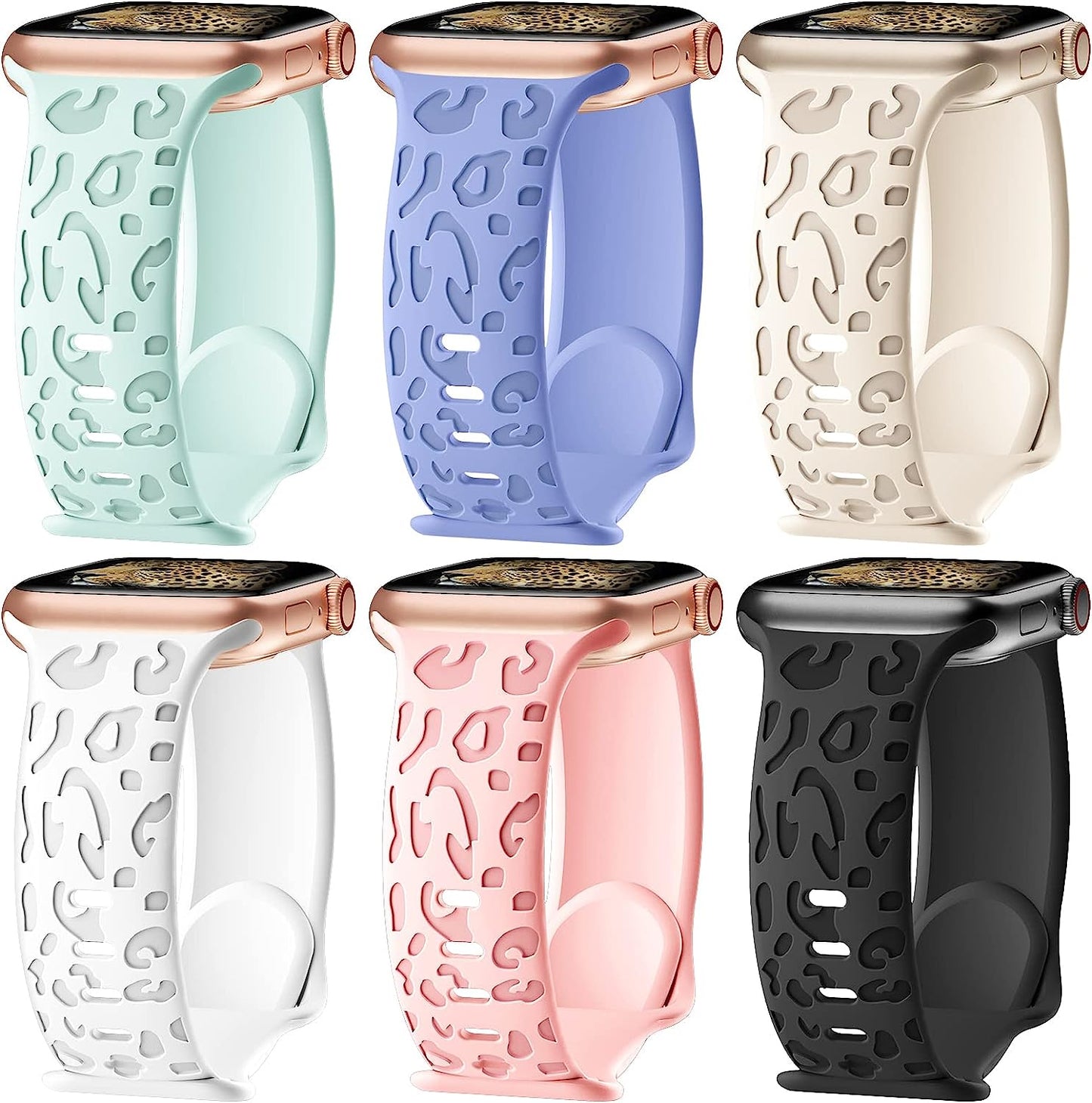 6 Pack Leopard Engraved Bands Compatible with Apple Watch Band 40Mm 44Mm 38Mm 45Mm 49Mm 42Mm Women Men,Waterproof Cheetah Sport Silicone Strap Wristbands for Iwatch SE Ultra Series 8 7 6 5 4 3 2 1  HEARTBOOM E-Black/White/Dark Pink/Succulent/Lavender/Starlight 38mm/40mm/41mm 