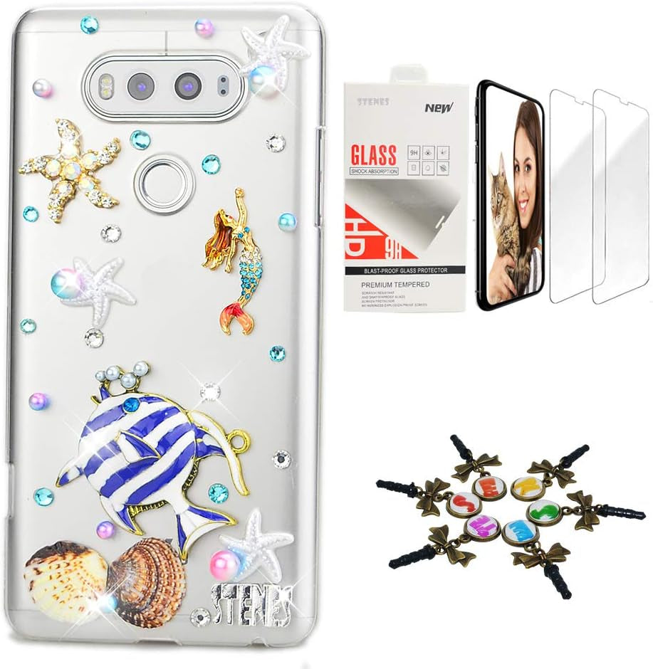 STENES Bling Case Compatible with LG G6 / LG G6 plus - Stylish - 3D Handmade [Sparkle Series] Tropical Fish Mermaiddesign Cover with Screen Protector [2 Pack] - Blue  STENES Tropical Fish Mermaid/ Blue Design For Lg V40 Thinq 