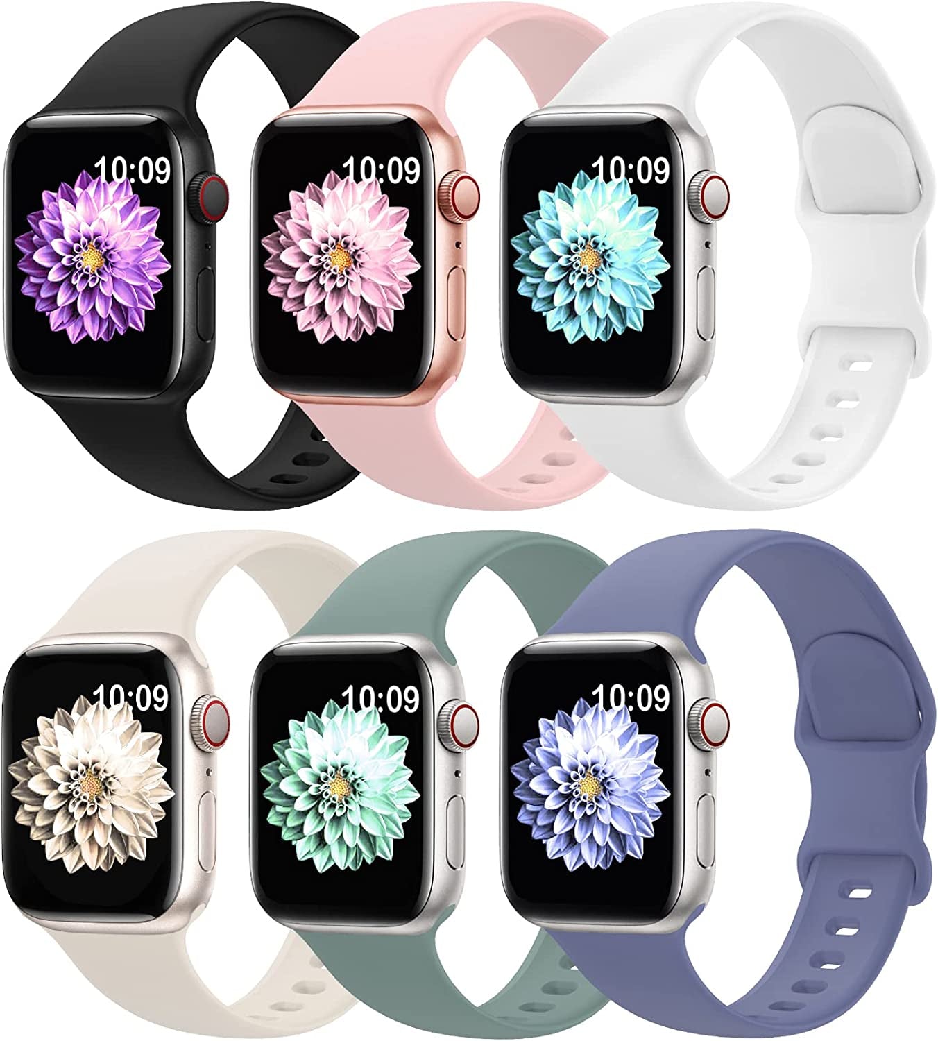 6 Pack Sport Bands Compatible with Apple Watch Band 38Mm 40Mm 41Mm 42Mm 44Mm 45Mm 49Mm,Soft Silicone Waterproof Strap Compatible with Iwatch Apple Watch Series Ultra 8 7 6 5 4 3 2 1 SE Women Men  AMSKY Pink Sand/Lavender Gray/Cactus/Starlight/Black/White 42/44/45/49 mm 