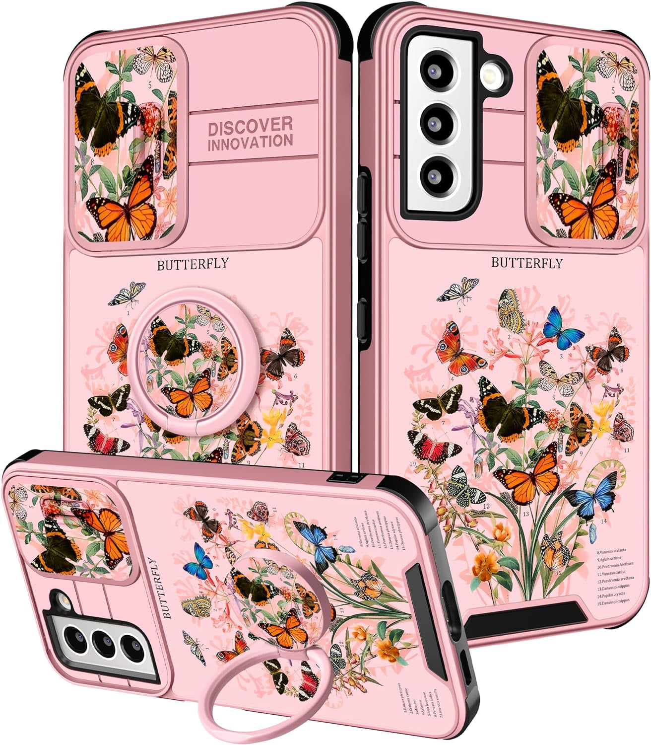 Funermei (2In1 for Samsung Galaxy S22 Case for Girls Women Cute Butterfly Cover Girly Aesthetic Black Pretty Fashion Design with Camera Cover and Ring Stand Funda for Galaxy S22 Phone Cases  Funermei 1-For Pink Butterfly  