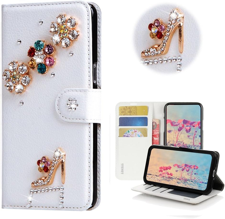 STENES LG G6 Case, LG G6 plus Case - STYLISH - 3D Handmade Bling Crystal Rose Heart Pendant Flowers Wallet Credit Card Slots Fold Stand Leather Cover Case for LG G6/LG G6 plus - White  STENES Girls High Heel Floral / Multicolor  