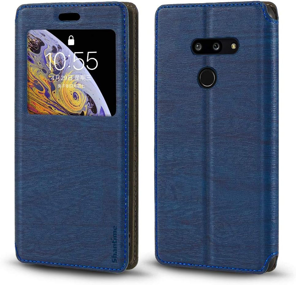 Shantime LG G8 Thinq Case, Wood Grain Leather Case with Card Holder and Window, Magnetic Flip Cover for LG G8 Thinq Gold  Shantime Blue  