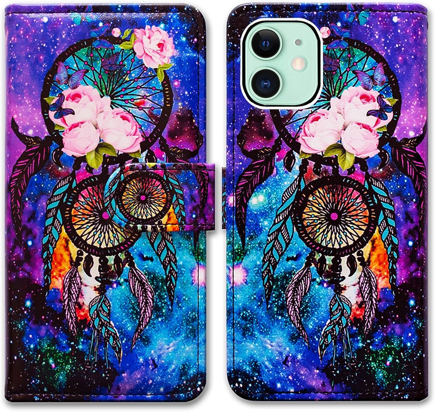 Bcov Iphone 13 Case,Blue Butterfly Flowers Rose Leather Flip Phone Case Wallet Cover with Card Slot Holder Kickstand for Iphone 13  Bcov Dream Catcher Galaxy Sky  
