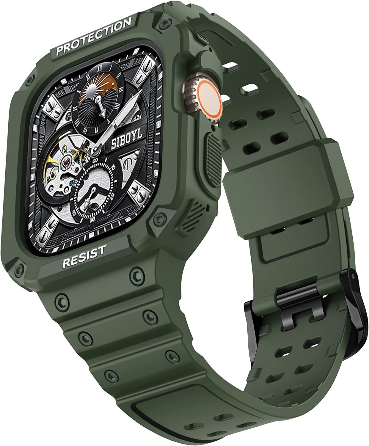 3 in 1 Rugged Band and Bumper Case with Screen Protector for Apple Watch Ultra Band 49Mm, Tempered Glass Film, Shockproof Protective Band for Men, Metal Clasp Sport Armor Band for Iwatch Ultra-Black  BuPa Army Green-Double Tongue Buckle 49mm 