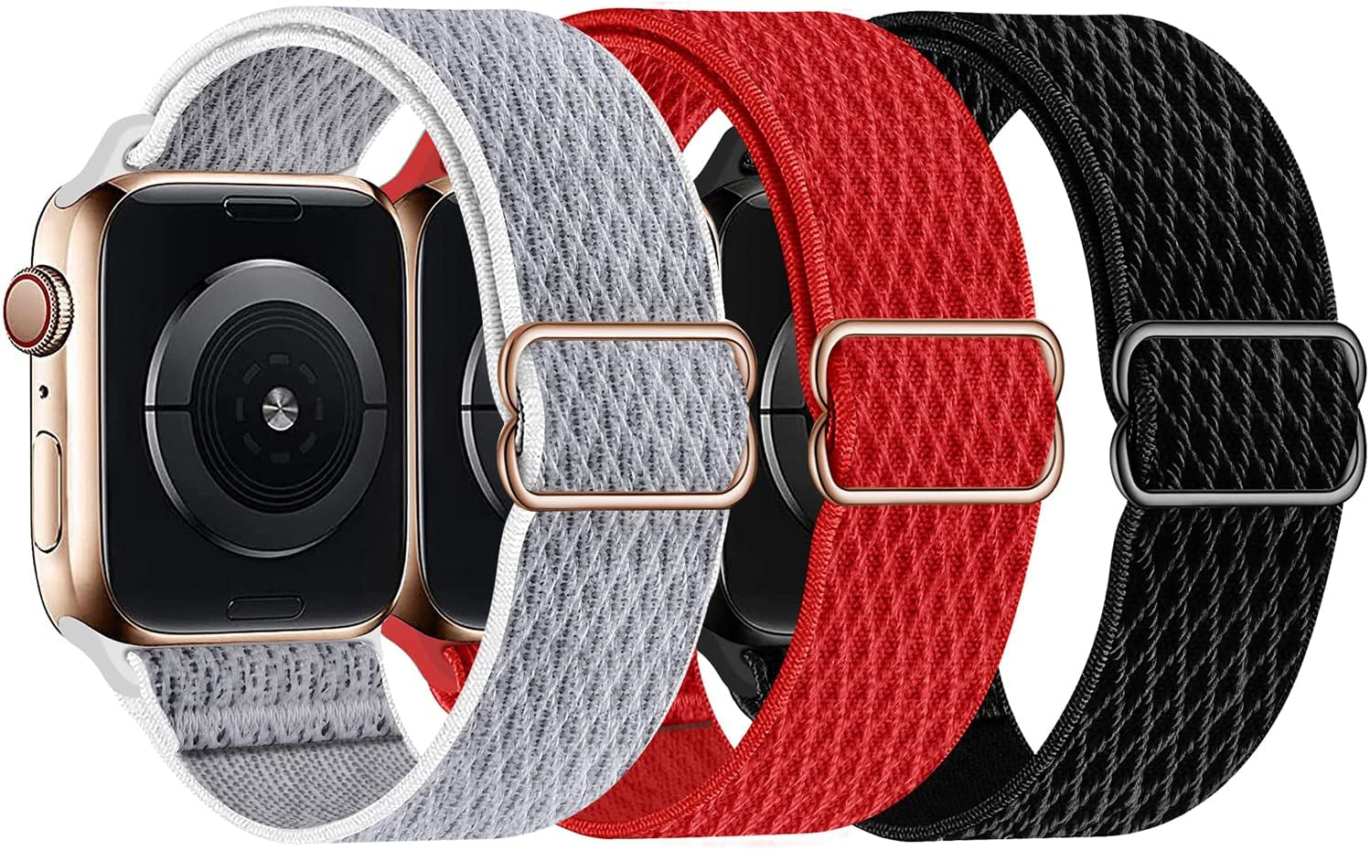 Swhatty Stretchy Nylon Solo Loop Bands Compatible with Apple Watch 41Mm 40Mm 38Mm, Adjustable Braided Sport Elastics Women Men Strap for Iwatch Series 8 7 6 5 4 3 2 1 SE (Black, Rose Pink, Cream)  Swhatty Black/Seashell/Red 38mm/40mm/41mm 