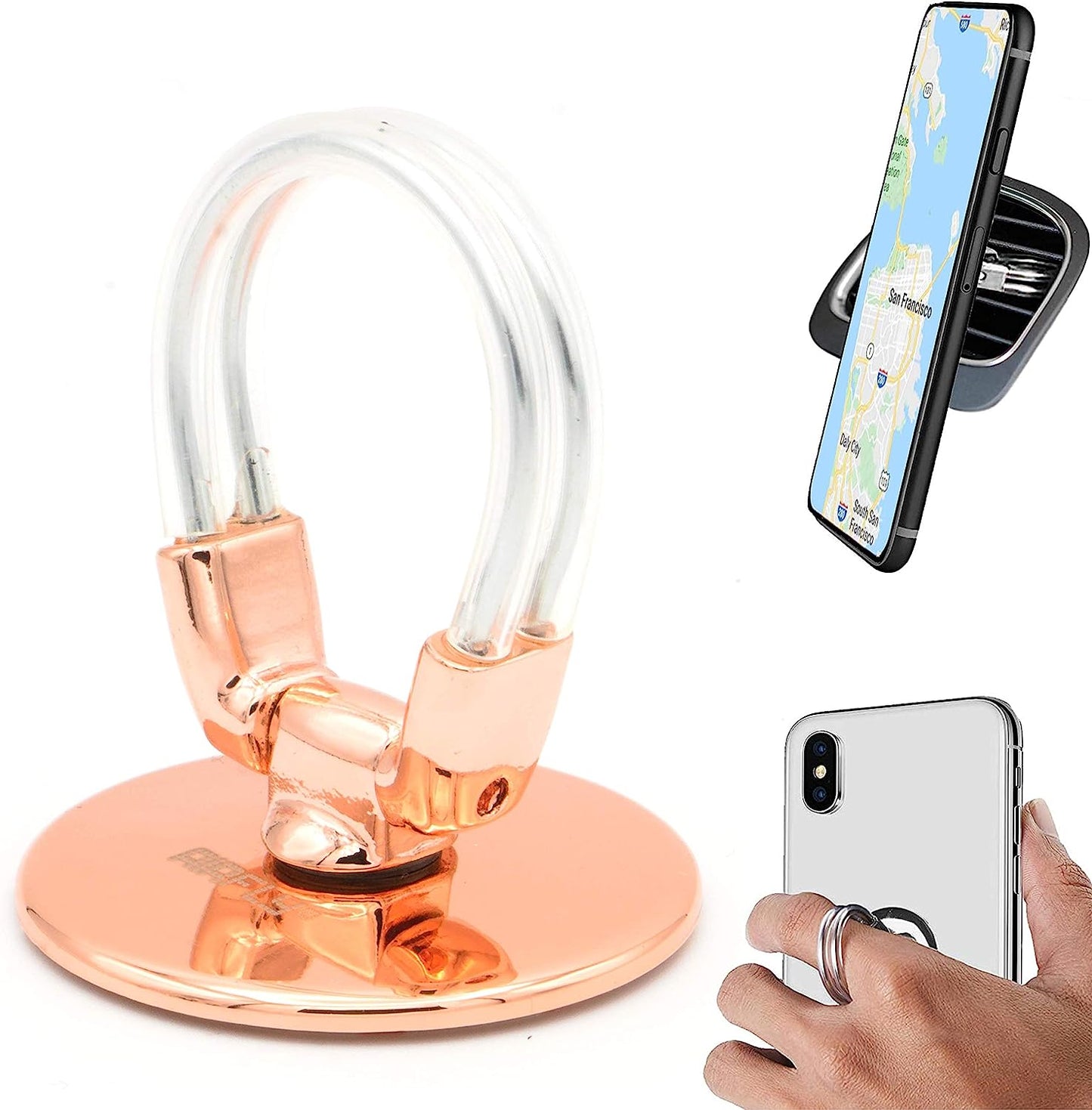 Airfly Phone Finger Ring Holder, 4 in 1, Universal Metal Phone Ring, Table Stand Kickstand, Car Vent Mount, Finger Grip Compatible All Smartphones, Black  AirFly SF Rose  