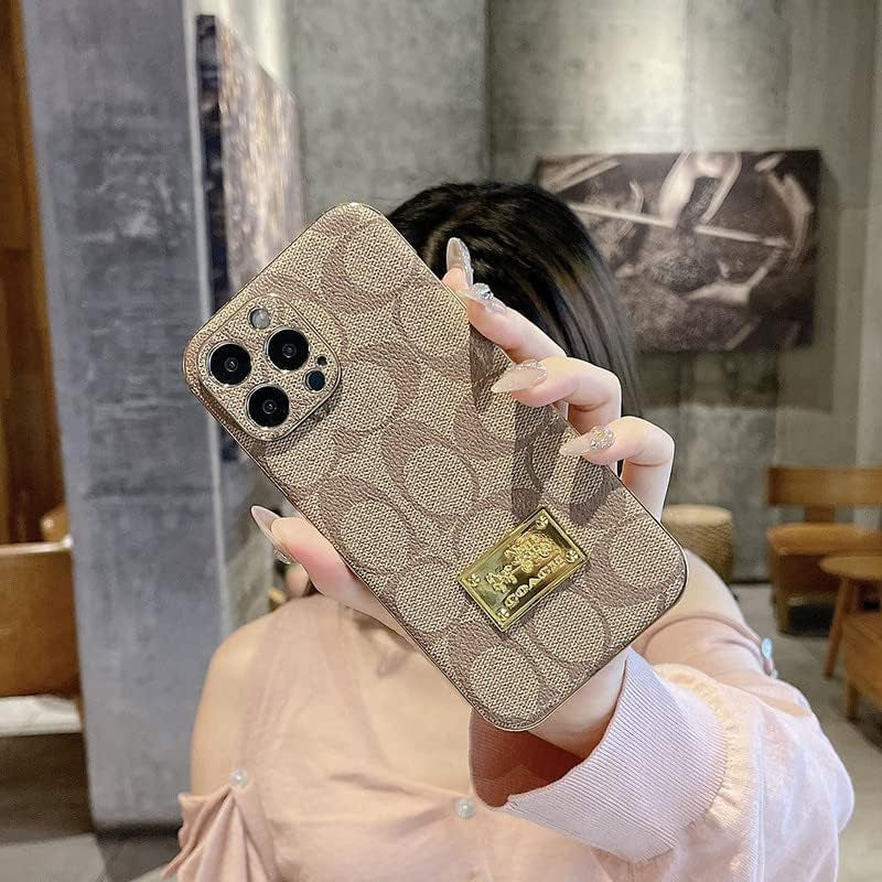 Designer Iphone 14 plus Case for Women Luxury 6.7 Inch, Leather Back Edge with Plate Gold Rim Classic Pattern Bling Glitter Nameplate Camera Protection Cover, Non Slip Shockproof Protective, Khaki  JIUDUIDODO   