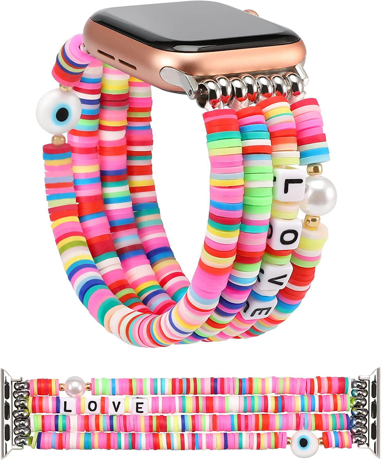 TOYOUTHS Heishi Beads Bracelet Compatible with Apple Watch Band Cute Stretch Girl Women Summer Beach Surfer Stackable Clay Preppy Jewelry Band for Iwatch 42/44/45Mm Series SE 7 6 5 4 3 2 1  TOYOUTHS   