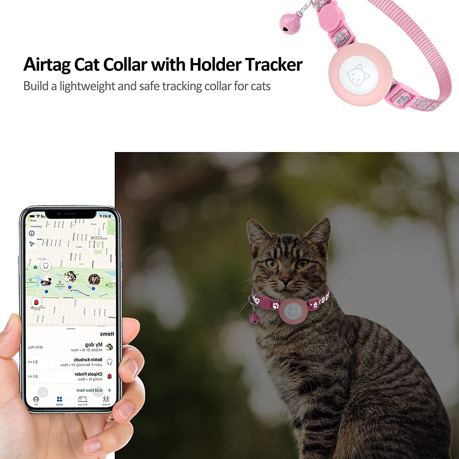 Airtag Cat Collar with Breakaway Bell, Reflective Paw Pattern Strap with Air Tag Case for Cat Kitten and Extra Small Dog (Pink Reflective Paw)  Kuaguozhe US   