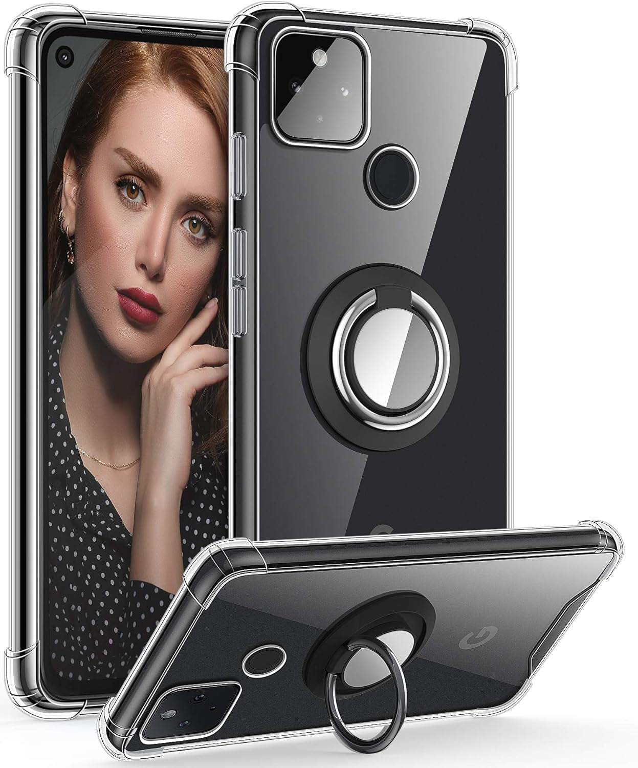 DAUPIN for Google Pixel 4A 5G Case with 360 Rotation Metal Ring Holder Stand, Support Magnetic Car Phone Mount Soft TPU Bumper PC Hard Protective Clear Phone Case for Google Pixel 5XL 6.2 Inch (Clear)  DAUPIN   