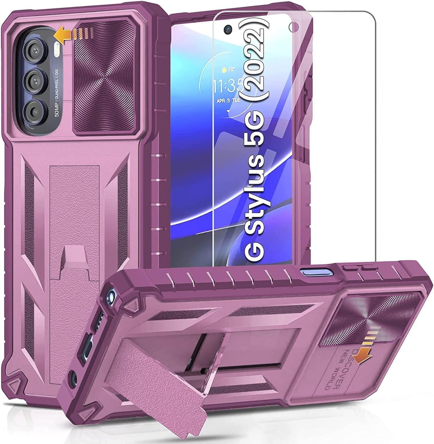 For Motorola Moto G-Stylus 5G-2022 Case: Military Grade Drop Proof Protection Rugged Protective Cell Phone Cover with Belt Clip Holster Kickstand & Slide |Shockproof TPU Matte(Belt-Clip Orange)  WTYOO Pink Purple  