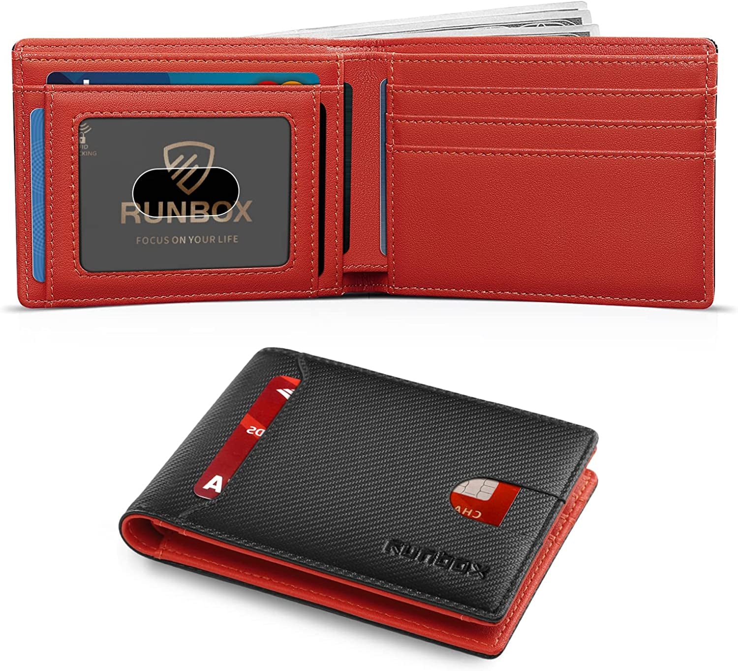 RUNBOX Bifold Slim Wallet for Men - Rfid Blocking Leather Front Pocket Men'S Wallet with Gift Box  RUNBOX fine carbon black red  