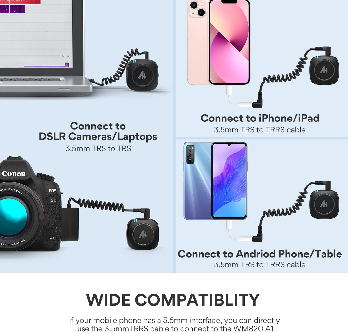 MAONO Compact Wireless Lavalier Microphone, 2.4Ghz Dual Lapel Mics with Real-Time Monitoring, Gain Adjustment and Mute for Interview, Vlogging, Live Streaming, Phone, Camera (WM820 A1)  MAONO   