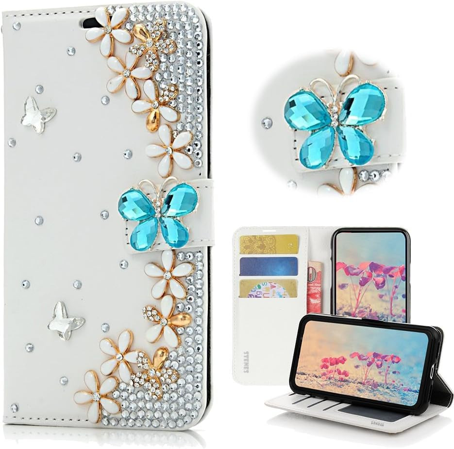 STENES LG G6 Case, LG G6 plus Case - Stylish - 3D Handmade Bling Crystal Butterfly Flowers Floral Wallet Credit Card Slots Fold Stand Leather Cover Case for LG G6/LG G6 plus - Blue  STENES   