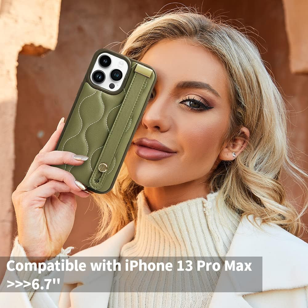 ZVE Designed for Iphone 13 Pro Max Kickstand Case, Quilted Leather Shockproof Case with Stand for Women Strap Cover Case Compatible with Iphone 13 Pro Max, 6.7 Inch-Green  ZVE   