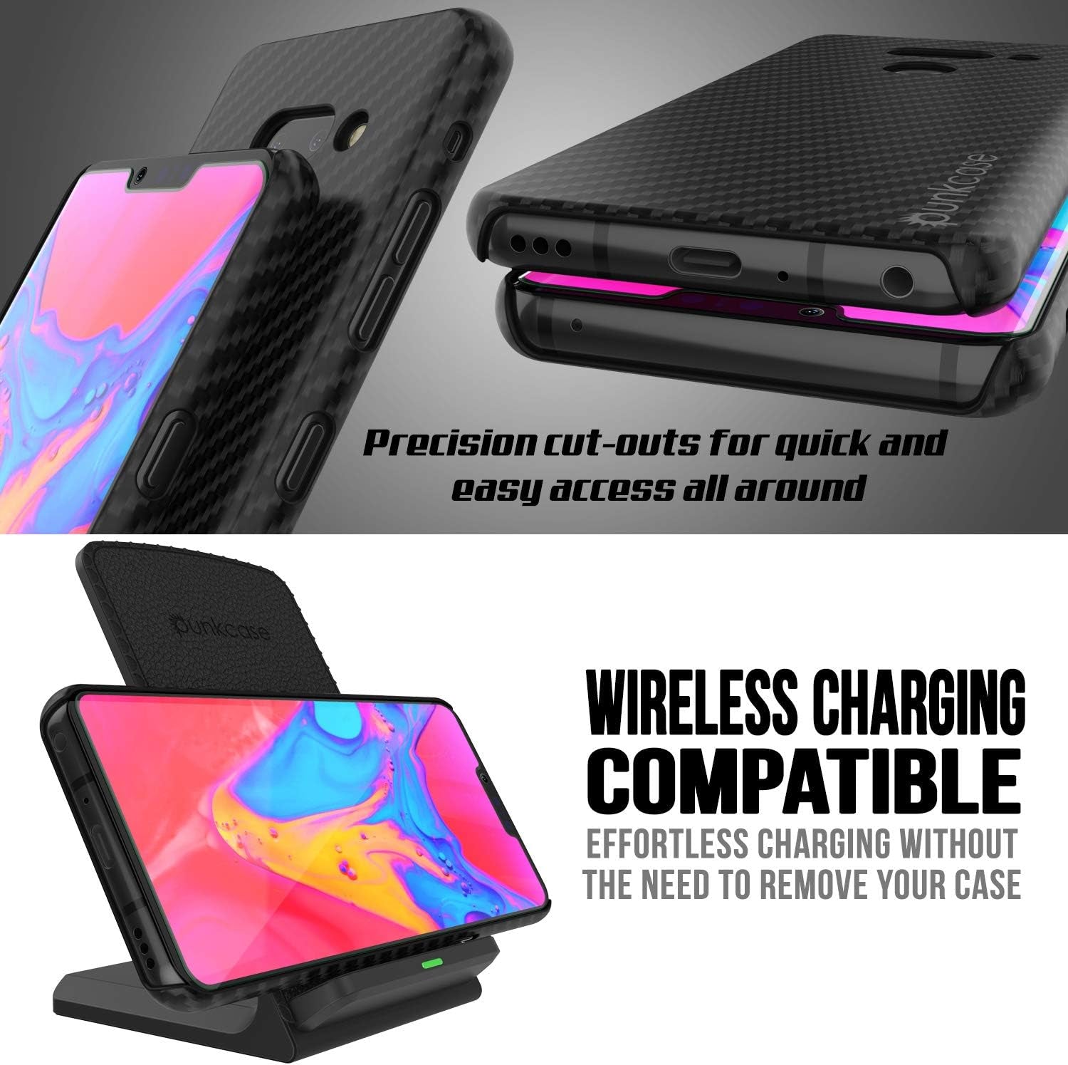 LG G8 Case [Carbonshield Series] Ultra Thin 2 Piece Dual Layer PU Leather Cover [Shockproof][Non Slip] with PUNKSHIELD Screen Protector Compatible W/LG G8 Thinq (Jet Black)  PunkCase   