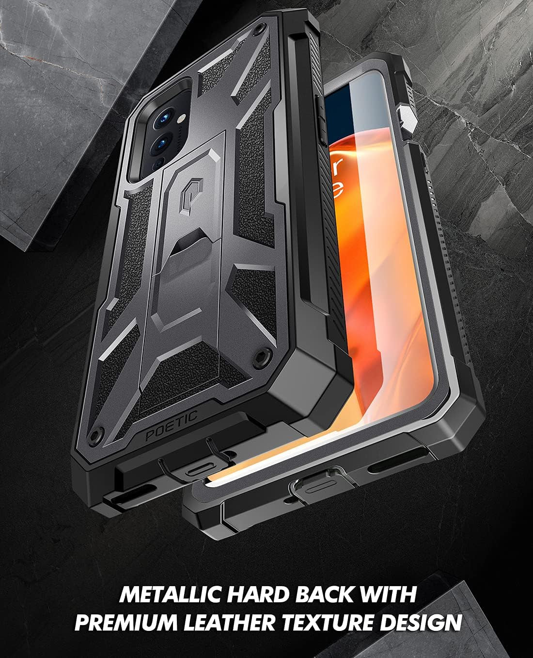 Poetic Spartan Series Designed for Oneplus 9 5G Case, Full-Body Rugged Shockproof Protective Cover with [Premium Leather Texture], Kickstand and Built-In Screen Protector, Metallic Gun Metal  Poetic   