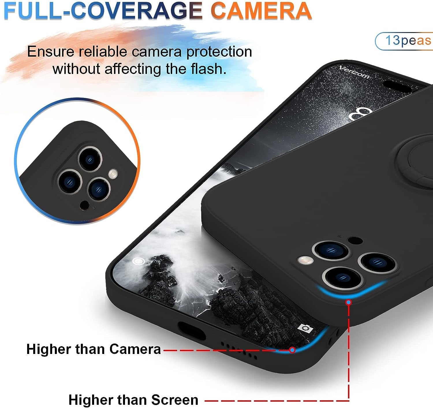 13Peas Case for Iphone 14 Pro（2022 Released）, Silicone Case with Ring 360°Rotatable Kickstand Cover Support Magnetic Car Mount，Protective Cover with Strap Lanyard (Black)  13peas   