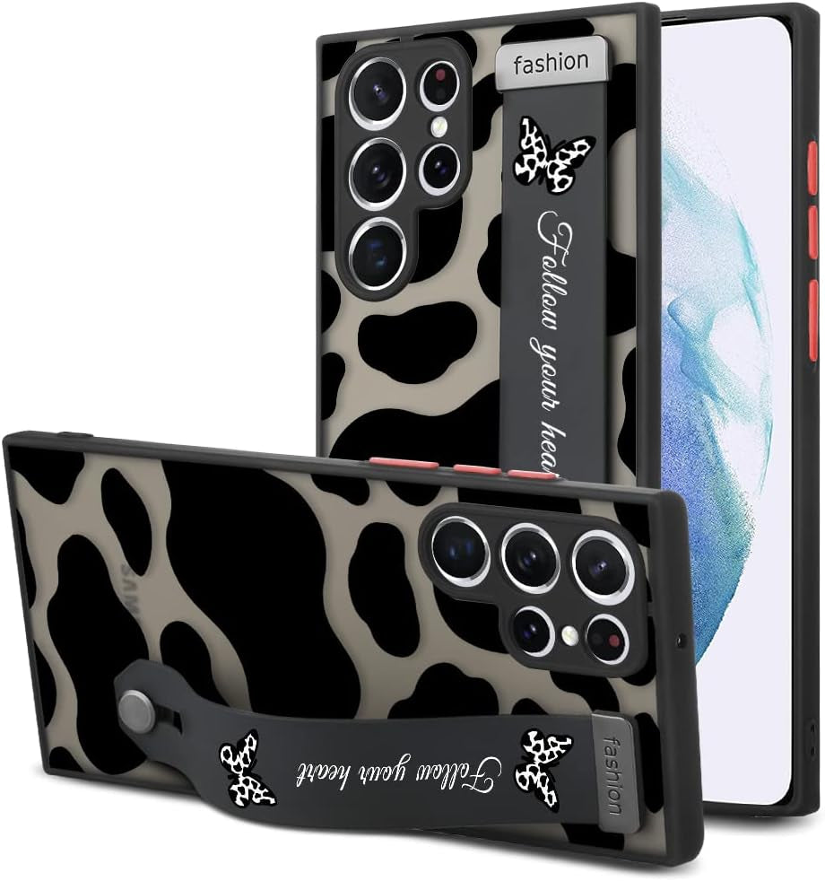 AIGOMARA Compatible Samsung Galaxy S21 Ultra Case with Strap Kickstand Butterflies Shockproof Protection Soft TPU and Hard PC Anti-Scratch Cover for S21 Ultra  AIGOMARA Cow Print Design  