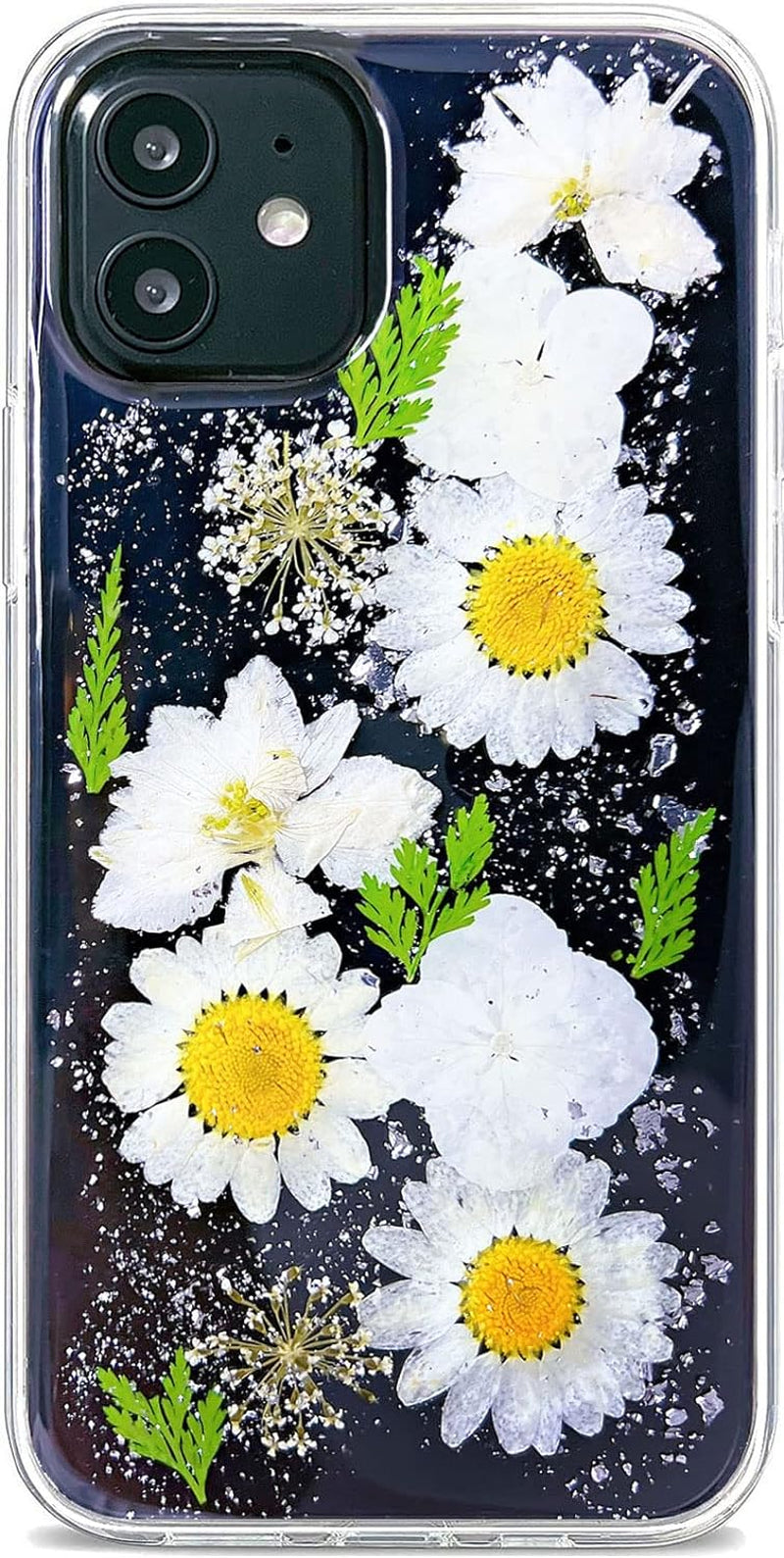 Abbery Designed for Iphone 12 Mini Case Glitter Flower Cute Bling Sparkle Clear with Design Soft Silicone TPU Real Dried Pressed Flowers Floral Aesthetic Phone Cover for Women Girls (3 Pink Flower)  Abbery White Daisy  