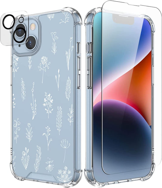Cutebe [3 in 1 Crystal Phone Case for Iphone 13(2021)/Iphone 14(2022) 6.1", Cute Protective Cover with 9H Temper Glass Screen Protector + HD Temper Camera Lens Protector for Women, Girls  Cutebe iPhone 13/14-White Wildflowers iPhone 13/14 Case 6.1 Inch 